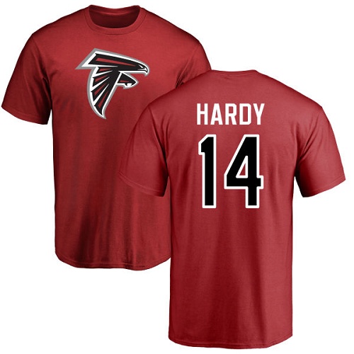 Atlanta Falcons Men Red Justin Hardy Name And Number Logo NFL Football #14 T Shirt->nfl t-shirts->Sports Accessory